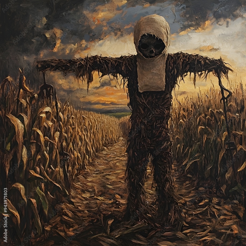 Poster twisted and gnarled scarecrow with empty burlap sack head rusted farm tools and implements standing 
