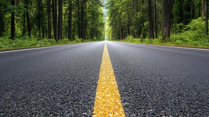 A serene view of a freshly paved road surrounded by lush green trees, inviting travelers to explore the natural landscape ahead.