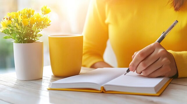 A serene workspace featuring a woman in yellow, writing in a notebook with a cup of coffee and vibrant flowers nearby.
