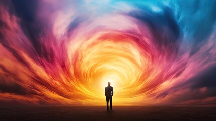Fototapeta premium A silhouette of a person stands against a vibrant swirling backdrop, capturing a moment of introspection and discovery.
