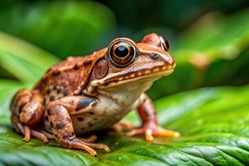Obraz premium A small, brown frog perches on a green leaf, its bright, round eyes and delicate limbs contrasting with its mottled, camouflaged skin in a lush environment.