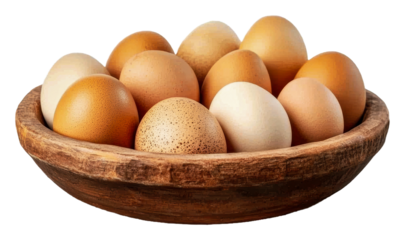 PNG Fresh eggs displayed in a rustic wooden bowl