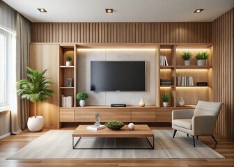 A sleek modern living room features a large flat-screen television mounted on a wall above a minimalist wooden shelf, surrounded by neutral-colored decor.