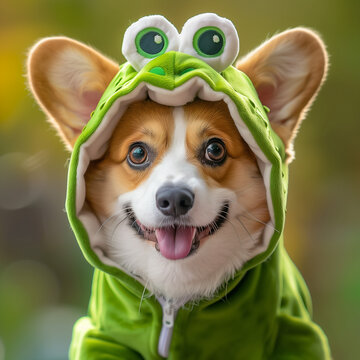 A dog with a Halloween costume. Frog