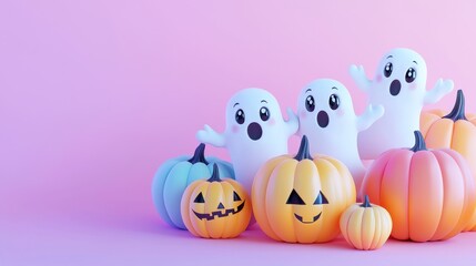 Naklejka premium Adorable Ghosts Playing Hide and Seek with Pumpkins for Halloween