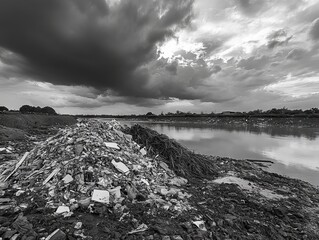 Environmental Cleanup Polluted River Cleaned Team Plastic Waste Piles Cloudy Skies Monochrome Palette