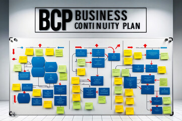 Text word "BCP" acronym abbreviation of Business Continuity Plan displayed on a whiteboard with multiple colored sticky notes.