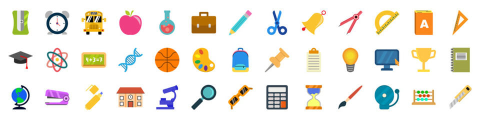 School supplies icon set. Back to school. Cartoon style.