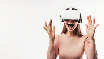 women in pink shirt showing excitement using virtual reality glass, vr concept