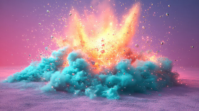 An abstract explosion featuring vibrant orange and teal colors blending together in a surreal, captivating manner against a pastel background, exuding energy and creativity.