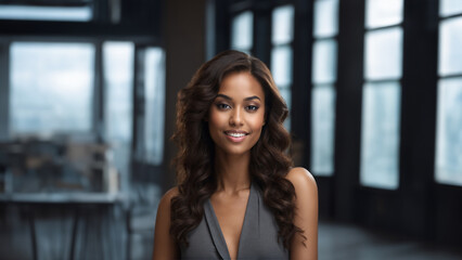 Radiant young Black American businesswoman with flawless skin and natural beauty. Brunette with neat hair and a warm smile, gazing confidently at camera. Perfect for professional and beauty campaigns