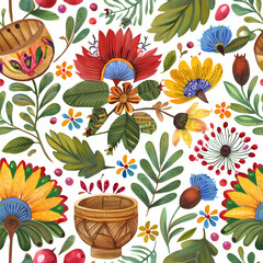 pattern with folk painting elements on white background 
