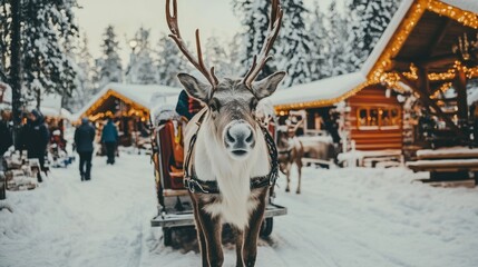 Rovaniemi, Finland - 26 Nov, 2023: Reindeer Sleigh ride in Santa Claus Village