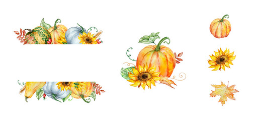 Watercolor autumn frames set with pumpkins and fall leaves