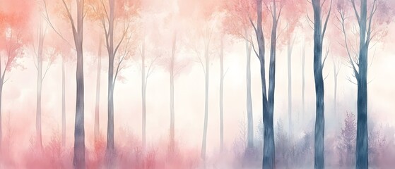Misty Forest Watercolor Painting with Trees in Pink and Blue Hues