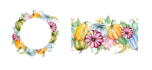 Watercolor autumn frames set with pumpkins and fall leaves