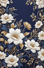 vintage royal navy blue with elegant white and gold flowers pattern