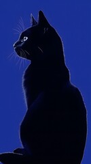 Black Cat Silhouette Against Blue Background