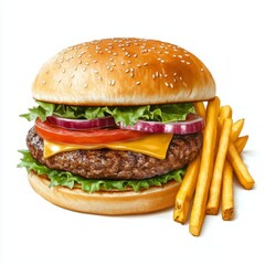 Classic cheeseburger with lettuce, tomato, onion, and french fries.