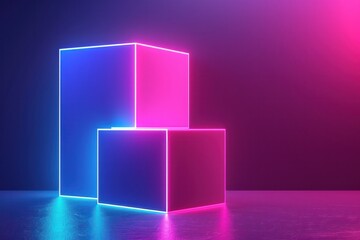 A set of three neon colored cubes are lit up in a purple and blue color scheme