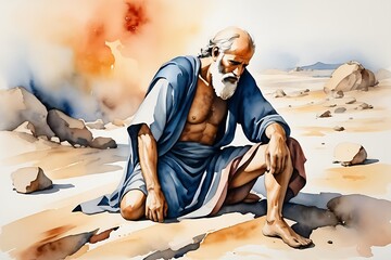 digital watercolour painting and illustration of biblical story about Job lost his wealth and children, then Job contracted leprosy which was difficult to cure