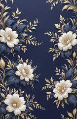 vintage royal navy blue with elegant white and gold flowers pattern