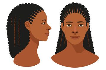 Flat Vector Illustration of a Woman's Face in Front and Side Profile with Braided Hair