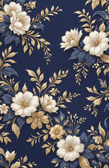 vintage royal navy blue with elegant white and gold flowers pattern