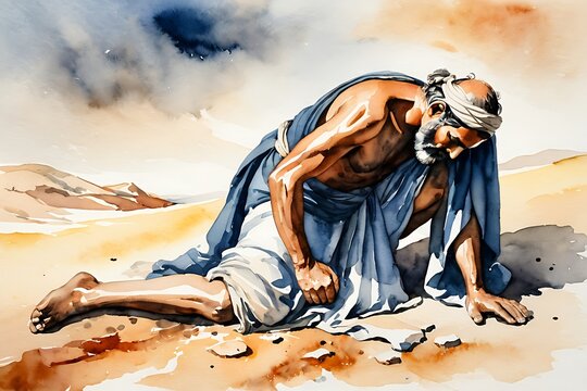 digital watercolour painting and illustration of biblical story about Job lost his wealth and children, then Job contracted leprosy which was difficult to cure