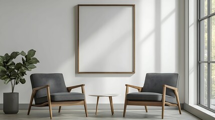 Elegant minimalist living room featuring gray armchairs with wooden frames, a small white table, and natural light, creating a serene and sophisticated atmosphere.