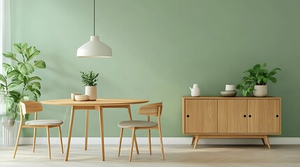 Stylish minimalist dining area featuring wooden furniture, green walls, indoor plants, and soft natural lighting for a serene ambiance.