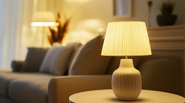 Close-up of a cozy living room with a warm-lit table lamp, soft sofa, and inviting atmosphere perfect for relaxation.