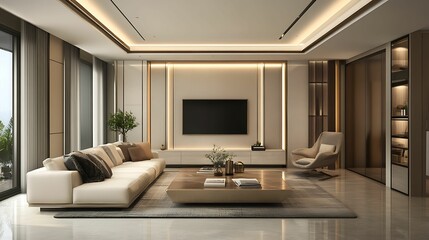 Fototapeta premium Elegant and luxurious modern living room featuring ambient lighting, a plush sofa, stylish armchair, and a sleek coffee table, creating a sophisticated and warm atmosphere.