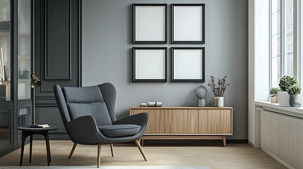 Fototapeta premium Sophisticated modern living room featuring a stylish gray armchair, wooden cabinet, and blank picture frames, with natural light enhancing the elegant decor.