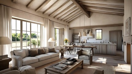 Obraz premium Bright open-concept living room and kitchen with rustic wooden beams, neutral tones, and large windows overlooking a serene landscape, creating a cozy yet airy space.