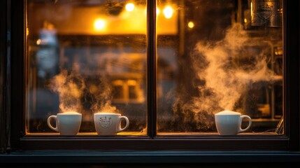 Three Cups of Coffee with Steam in a Window