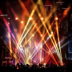 Obraz premium Dynamic city night skyline illuminated by vibrant, colorful light beams, creating a dramatic and energetic urban atmosphere during a live event or festival.
