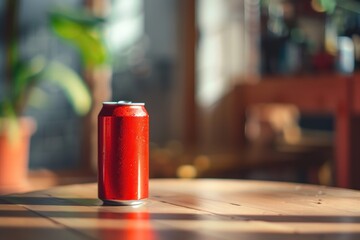 A red can of soda on the table