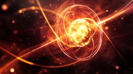 A glowing atomic structure radiates fiery energy in this vibrant and dynamic depiction, set against a dark cosmic background.