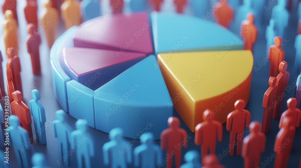 Aufkleber a colorful pie chart surrounded by figurines representing data analysis and business insights in a v
