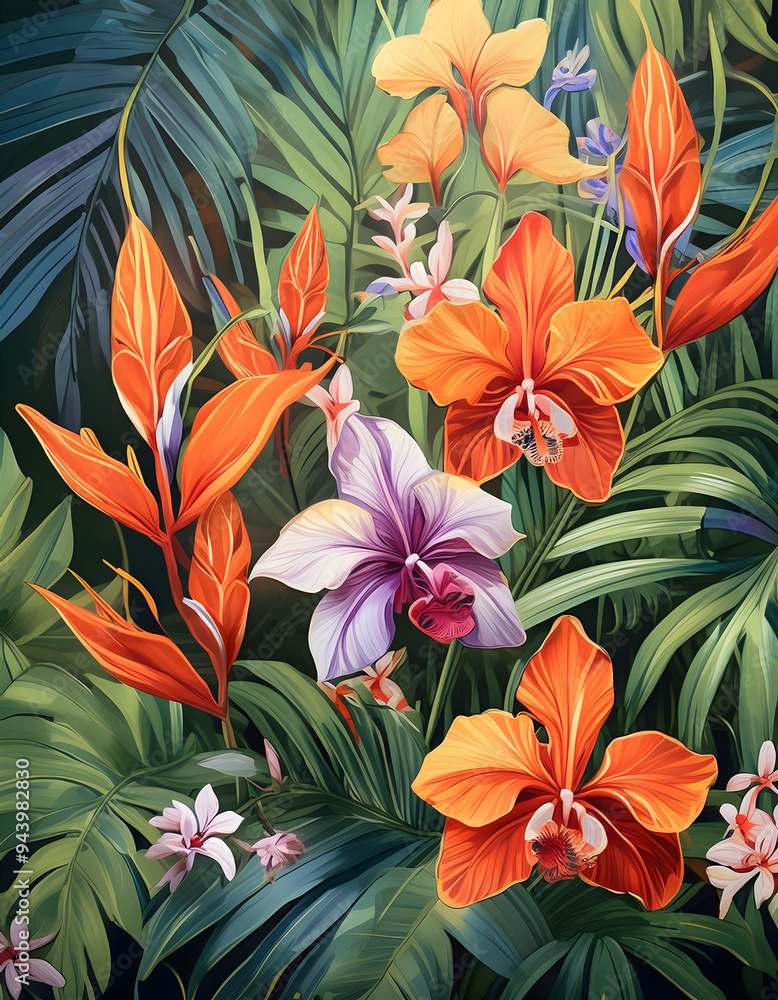 Wall mural vibrant bouquet of hibiscus, orchid, birds of paradise and tropical leaves, watercolor painting 