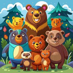 Fototapeta premium A Family of Cartoon Bears in a Forest Setting