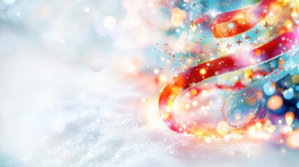 Colorful Christmas swirl against a snowy white background with sparkling light reflections, giving a magical festive feel.
