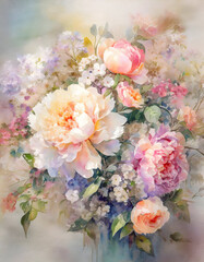 vibrant bouquet of peonies , roses and hydrangea , watercolor painting 