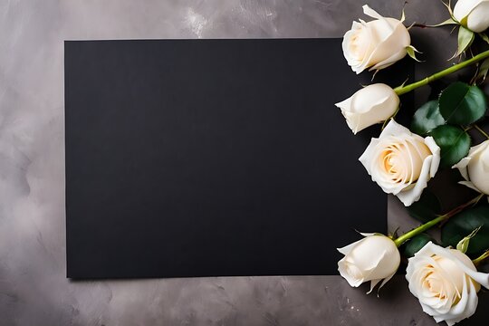 Blank condolence card, sympathy card, memorial card, greeting card with fresh Roses on the dark and neutral background floral concept. Empty place for a text.
