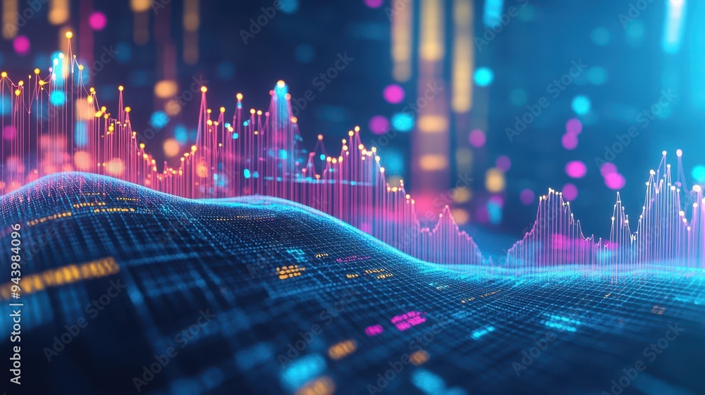 Poster a vibrant, abstract representation of data visualization with colorful digital waves and peaks again