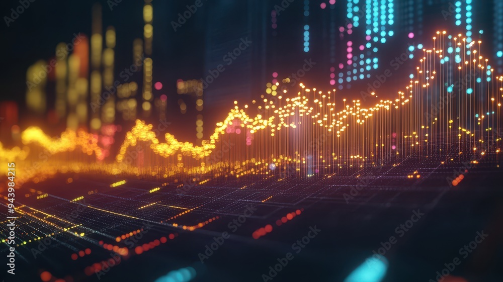Poster a vibrant digital graph depicting fluctuating data trends with glowing lines and points in a futuris