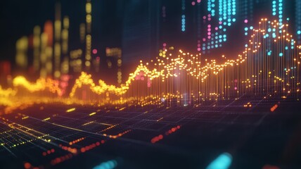 A vibrant digital graph depicting fluctuating data trends with glowing lines and points in a futuristic city setting.