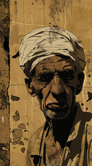 Fototapeta premium a portrait of local arabic egyptian old man with traditional clothes and look, vintage retro 2d sepia black and white painting illustration middle eastern