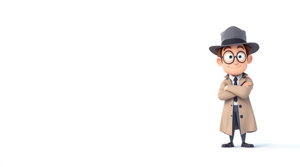 Obraz premium A cartoon detective character with glasses and a trench coat, exuding mystery and curiosity in a playful, whimsical style.